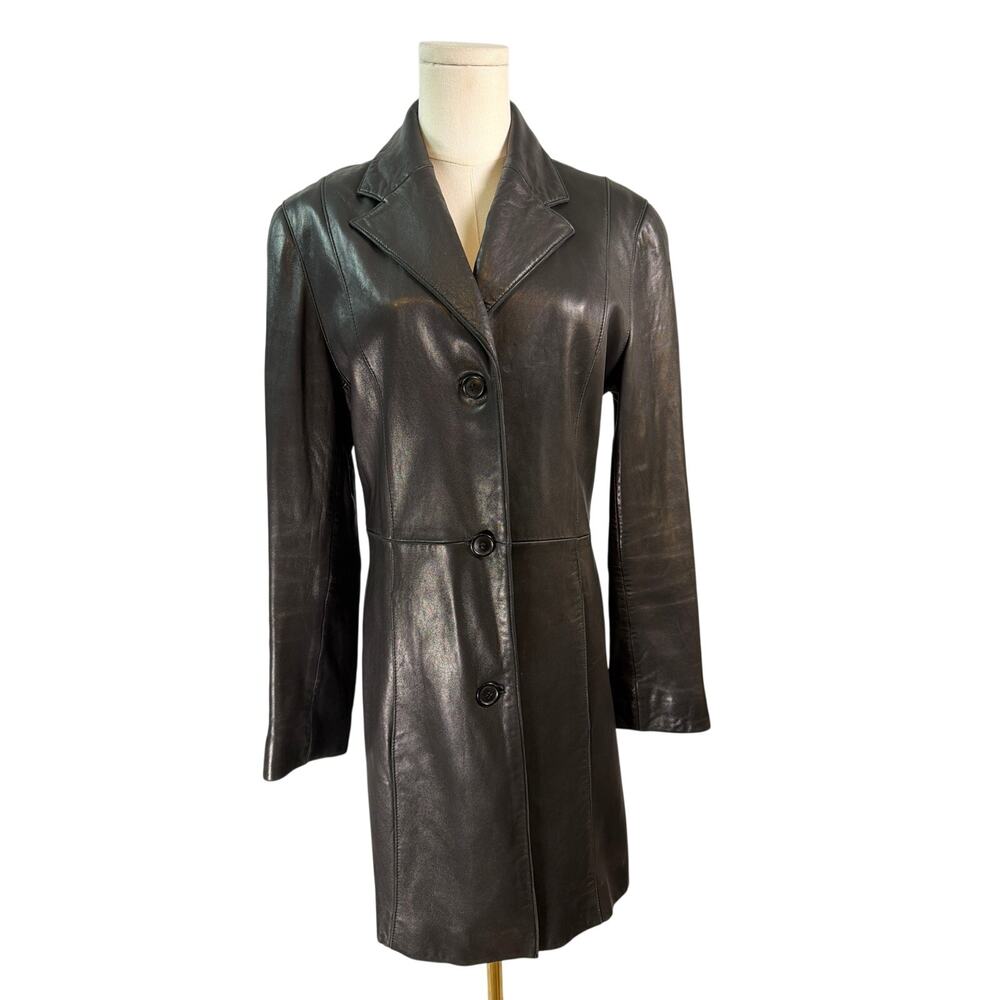 Vintage Tibor Black Leather Coat Womens Small 90s Y2K Indie Sleaze Matrix Goth